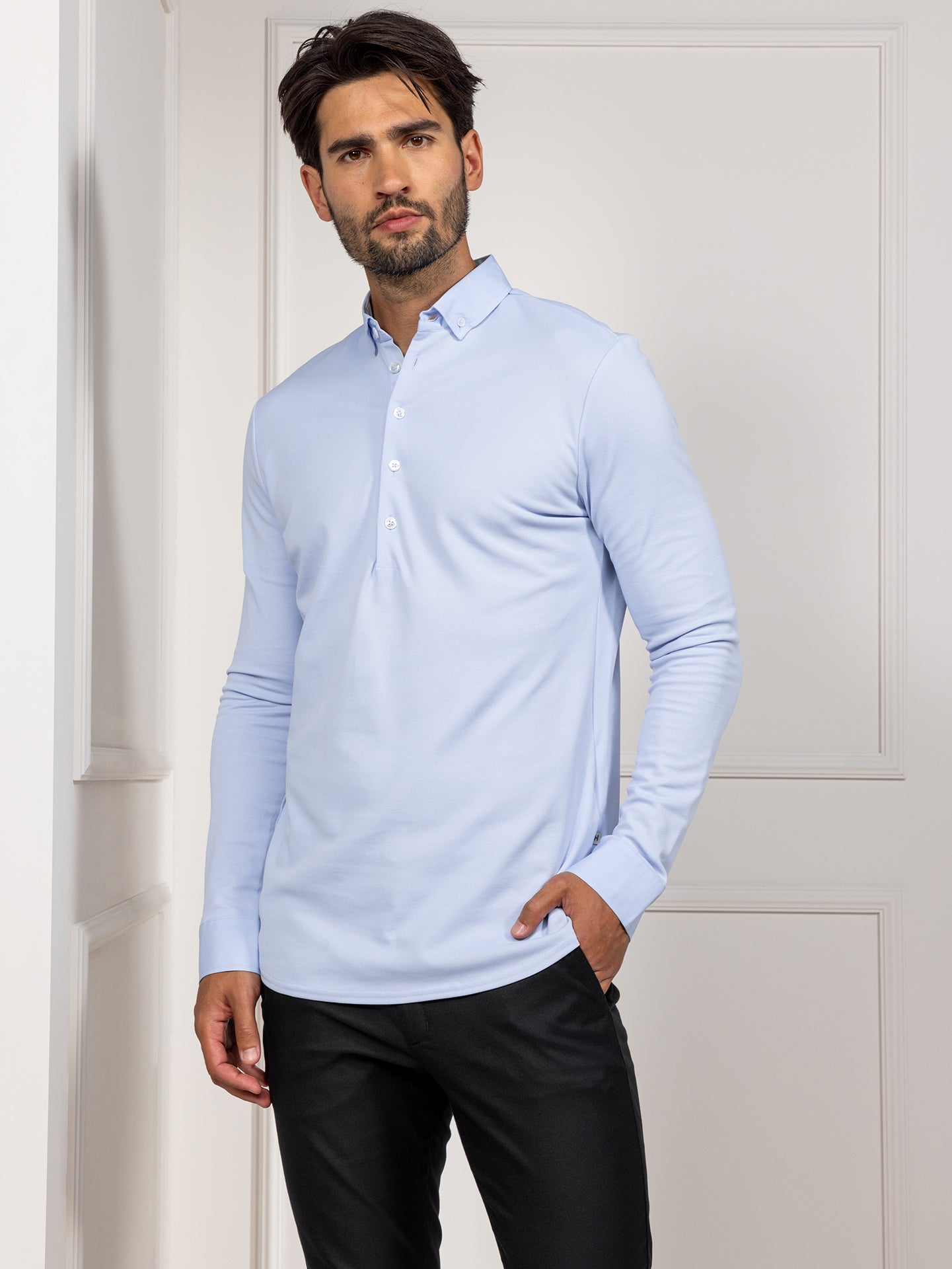 Longsleeve Polo Enzio Light Blue by Le Nouveau Chef -  ChefsCotton